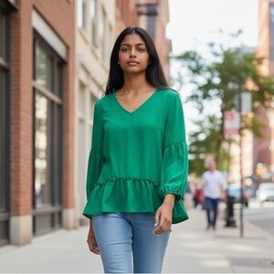 Pleione Green Ruffle Hem Blouse
